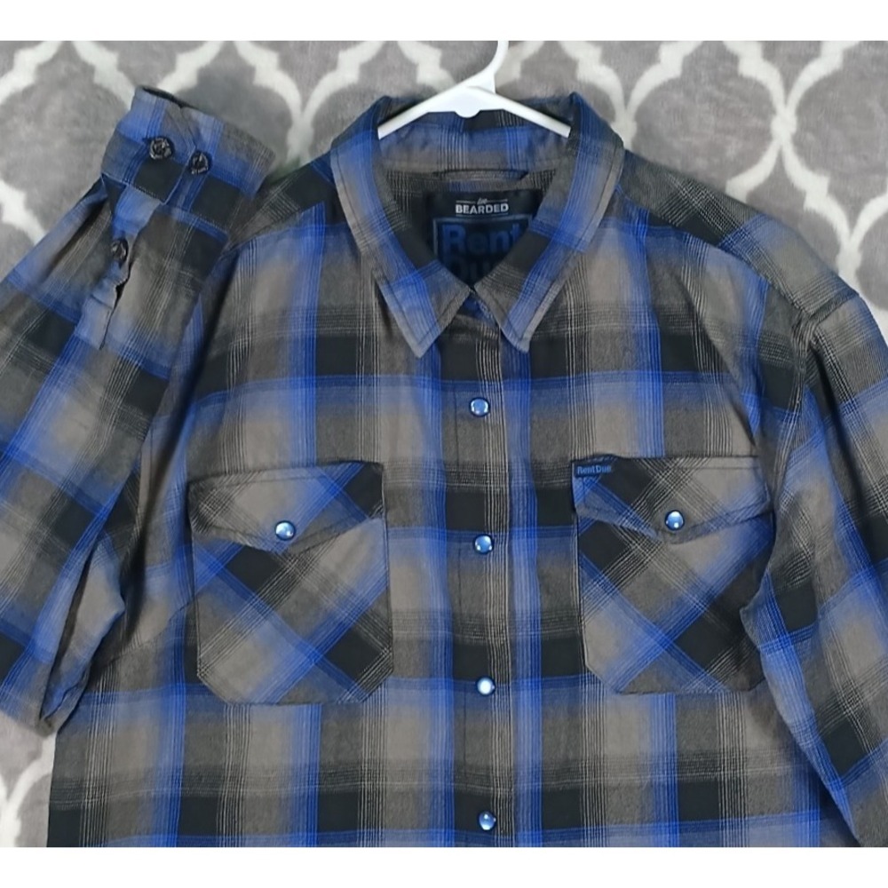Live Bearded Flannel Shirt Men XL Blue Black Plaid Pearl Snap Rent Due